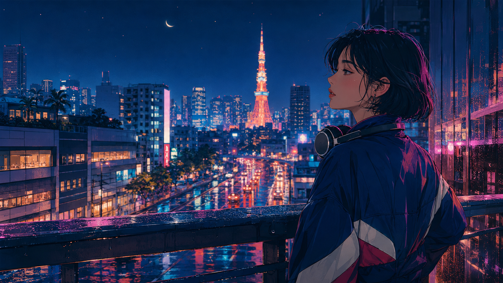 夜の都市を見つめる人物のクリエイティブビジュアル